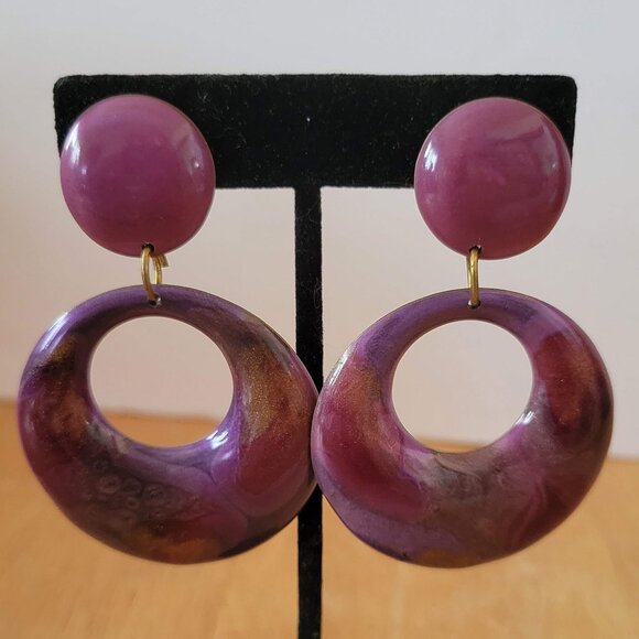 Women's Large Round Purple Gold Resin Glitter Drop Dangle Screwback Earrings - Picture 1 of 3